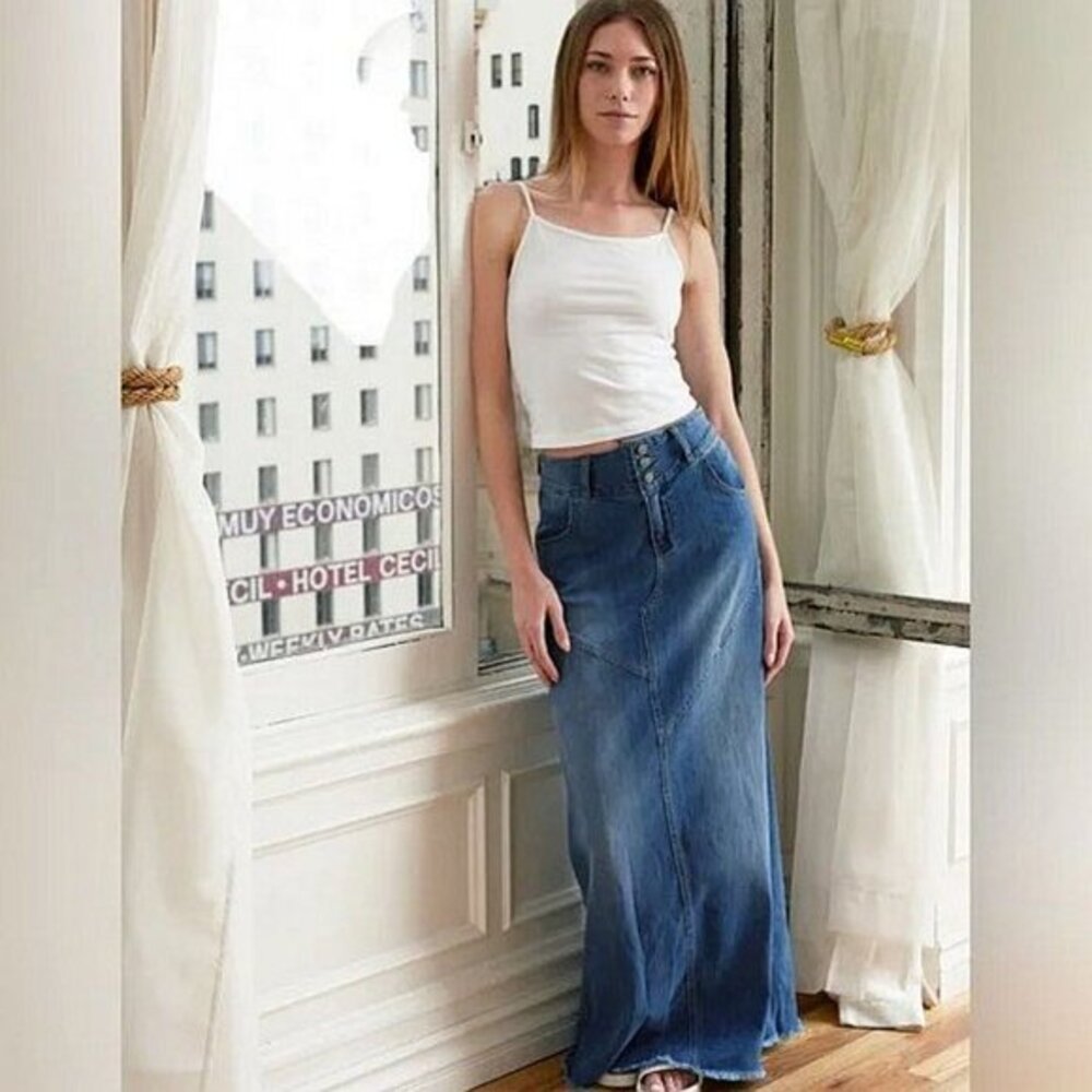 Wash Lab Denim Pieced Denim High Rise Maxi Skirt in Retro Blue Size 29